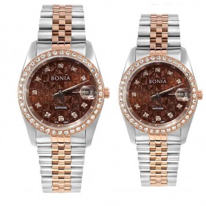 Bonia BNB10550-1646S Dan BNB10550-3646S Silver Rosegold Brown SAPPHIRE Ring Diamond Couple